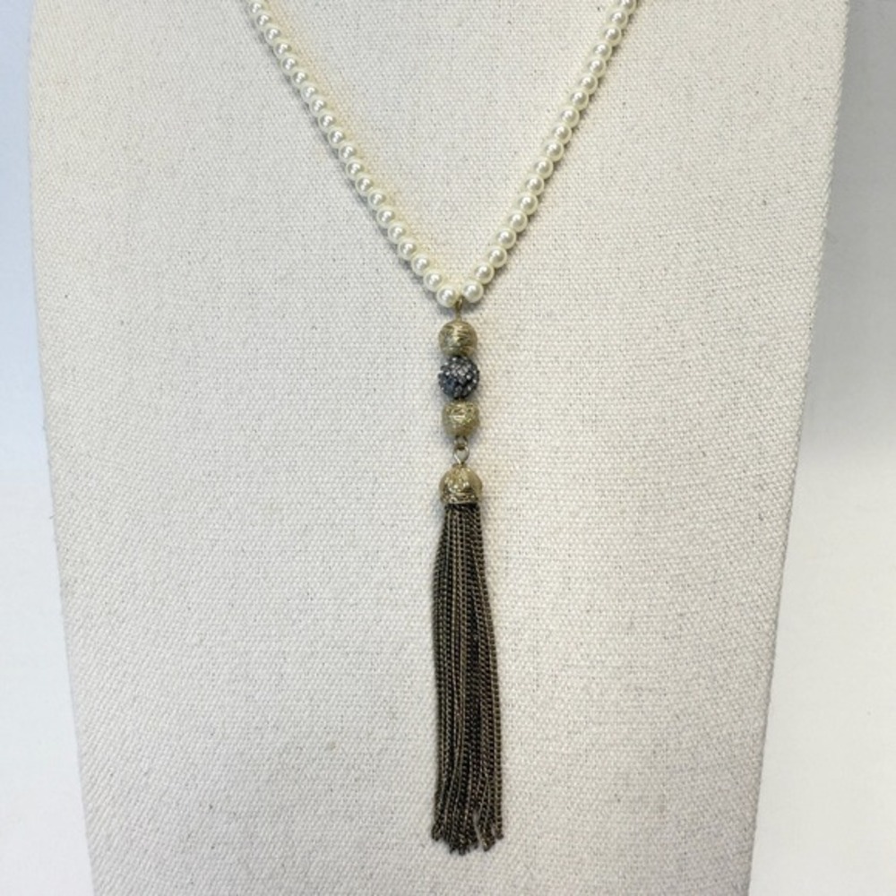 Y-Drop Chain Tassel Necklace Long Length Faux Pearls Gold-Tone Elegant